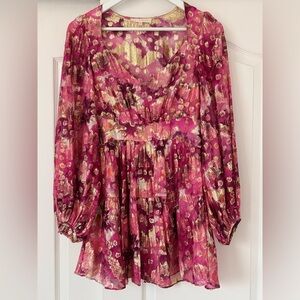 LOVESHACKFANCY Bohemian Pink and Gold Floral Dress Size 2